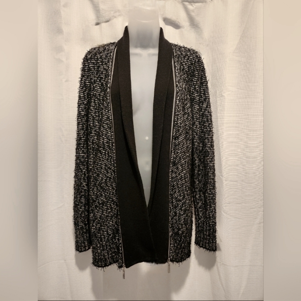 Ivanka Trump Black Zipper Detail Open Fringe Knit Cardigan Size M Fall Winter